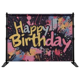 Színes Happy Birthday szülinapi molinó fekete tartóállvánnyal bérlés