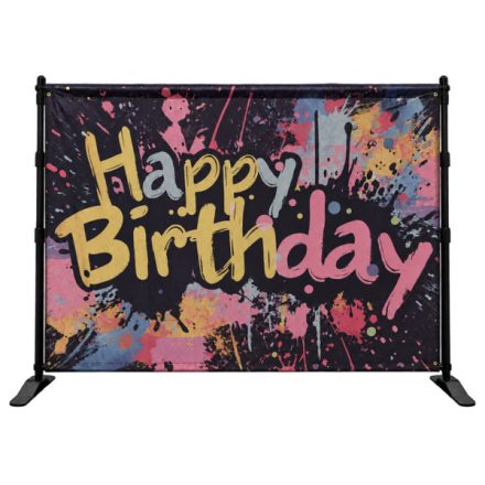 Színes Happy Birthday szülinapi molinó fekete tartóállvánnyal bérlés