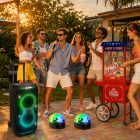 Kerti Party csomag JBL Bluetooth hangfallal, karaoke-mikrofonnal, LED fényeffektekkel és kocsis popcorn géppel
